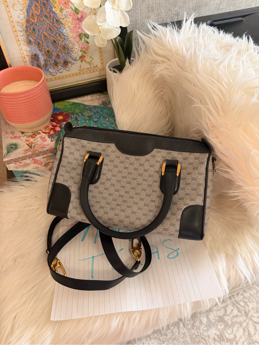 Vintage Gucci GG Monogram Canvas Convertible Satchel Handbag Dark Blue Gold